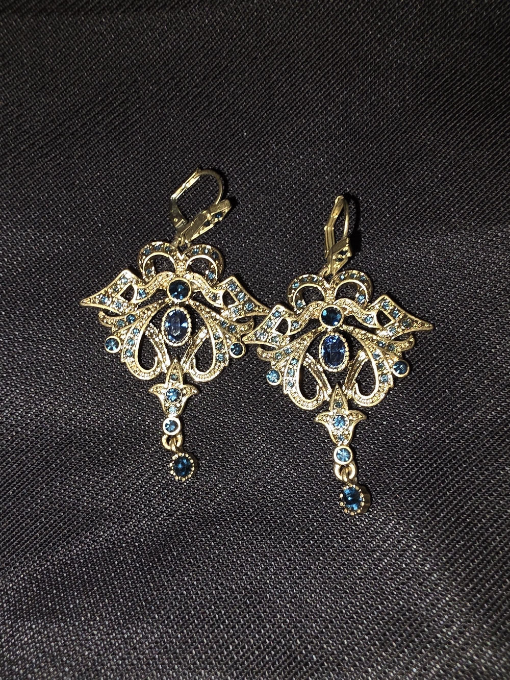 Gold Filigree Drop Earrings with Blue Crystals - Women Jewelry - Picture 3 of 4
